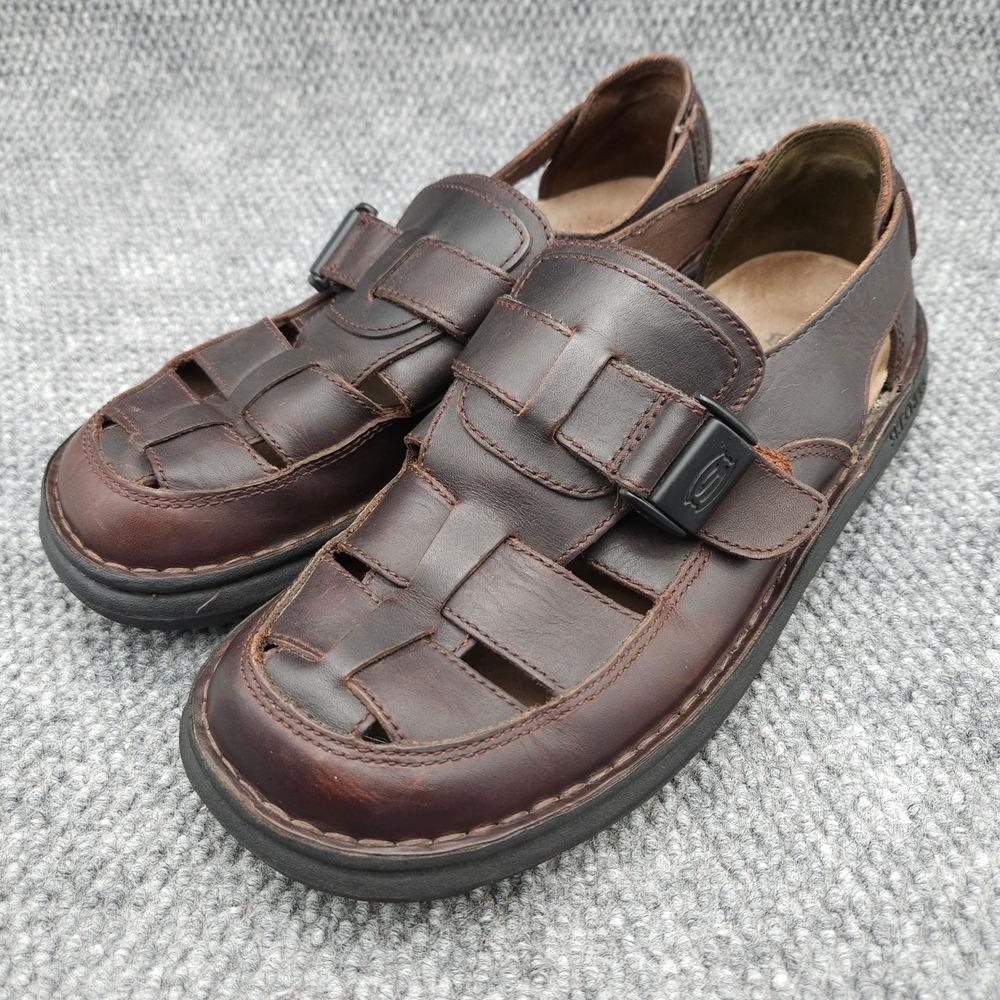 Vintage Skechers Men's 11 Fisherman Sandals Brown Woven Leather Buckle Strap Y2K